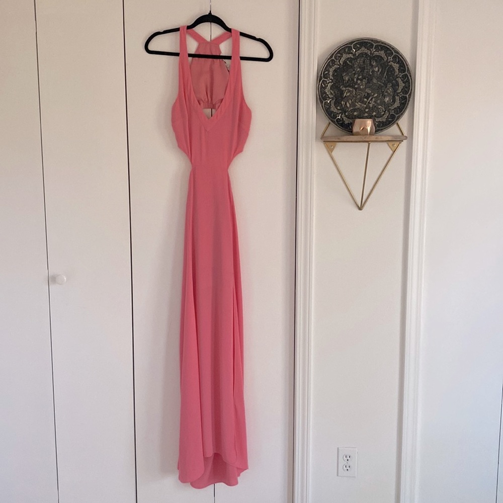 Lovers + friends pink maxi dress with side cutouts and open back